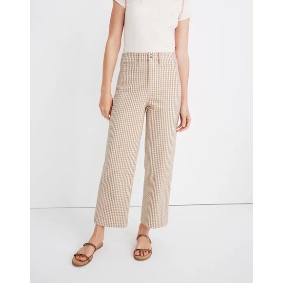 Madewell Pants - Madewell Slim Emmett Wide-Leg Crop Pants 26 Tan White Gingham Check Cottagecore